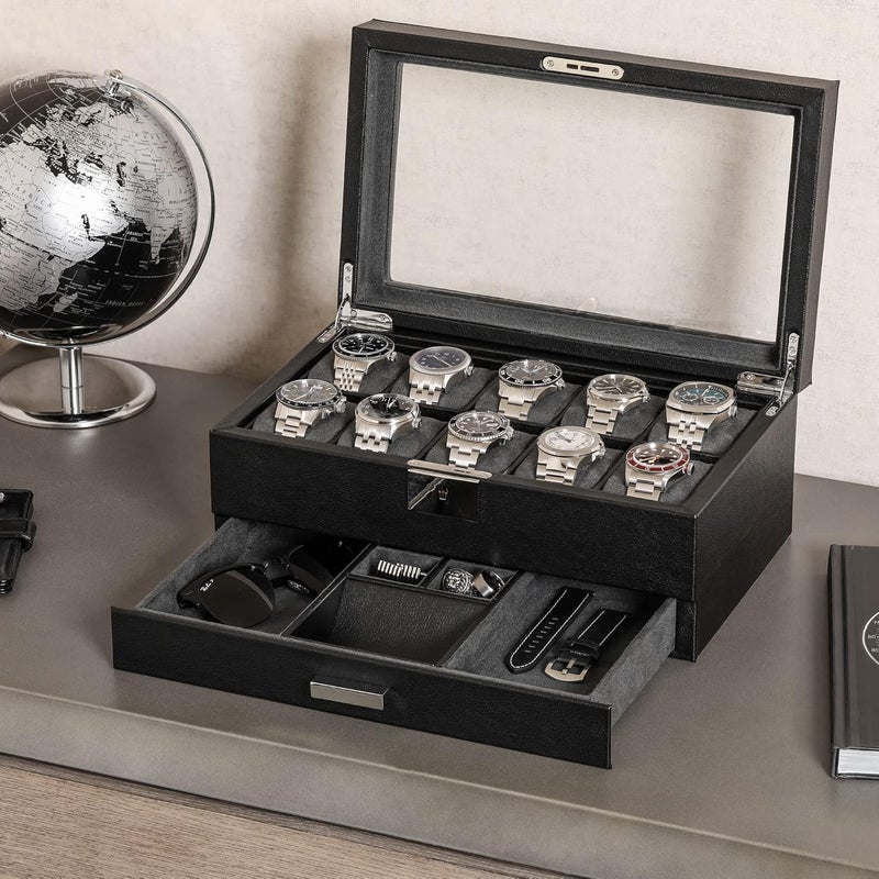 ROTHWELL 10-Slot Watch Box in Leather with Valet Drawer, Luxury Watch Case Display Organizer with Ultra Soft Microsuede Liner, Jewelry and Sunglass Holder With Large Glass top (Black/Grey) - Image 3